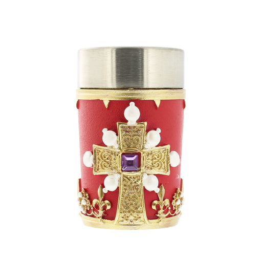 Red tot cup with silver inner with a gold cross design, purple stone and gold trim - Image