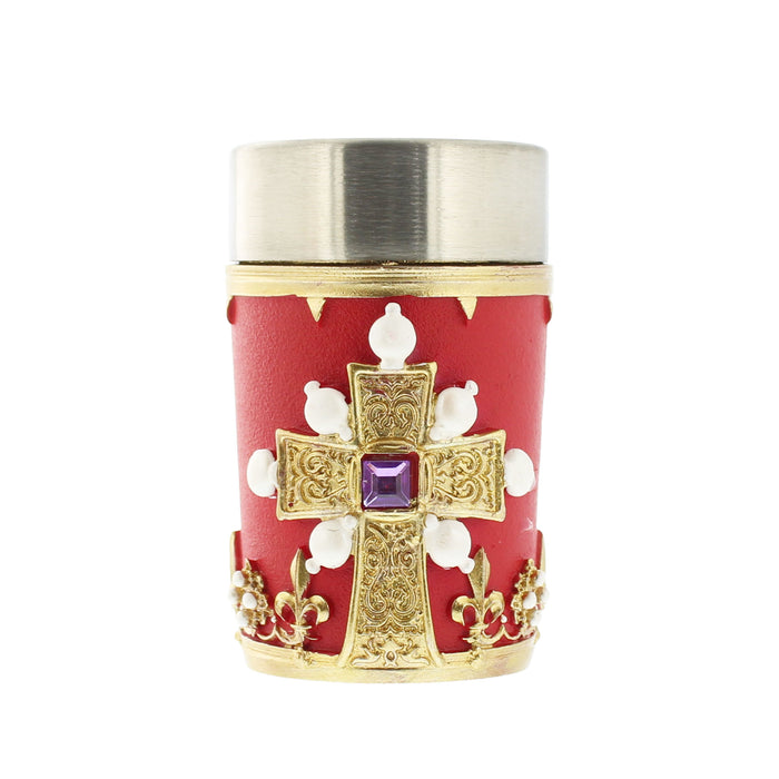 Red tot cup with silver inner with a gold cross design, purple stone and gold trim - Image