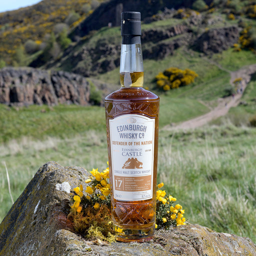 Bottle of Whisky on a rock with some wild gorse and a rocky landscpae in the background.  - Image