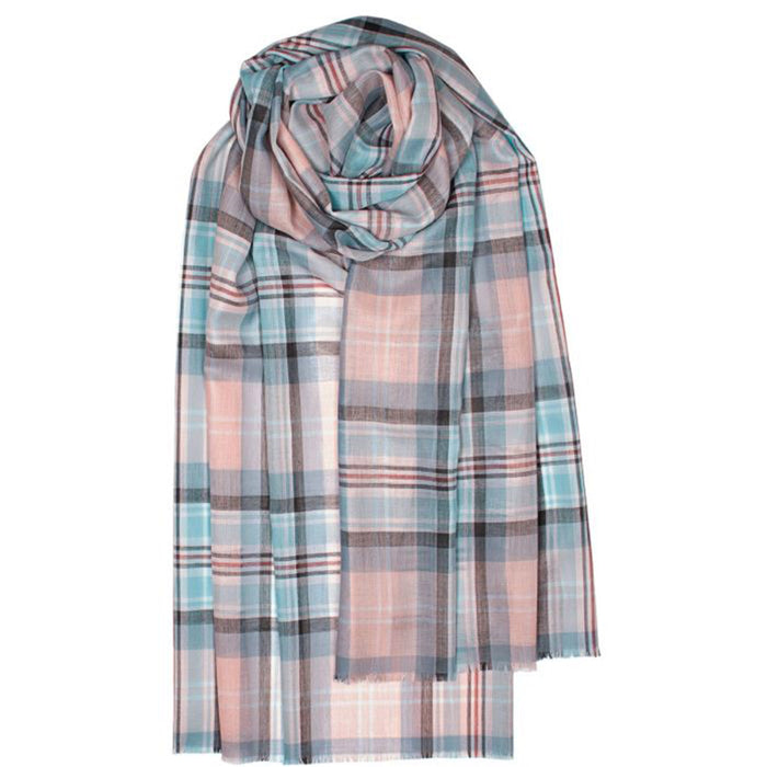 Tartan scarf in pink, blue, and gray on a white background - Image