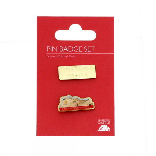 Pin badge set packaging with Edinburgh Castle logo on a red background - Image