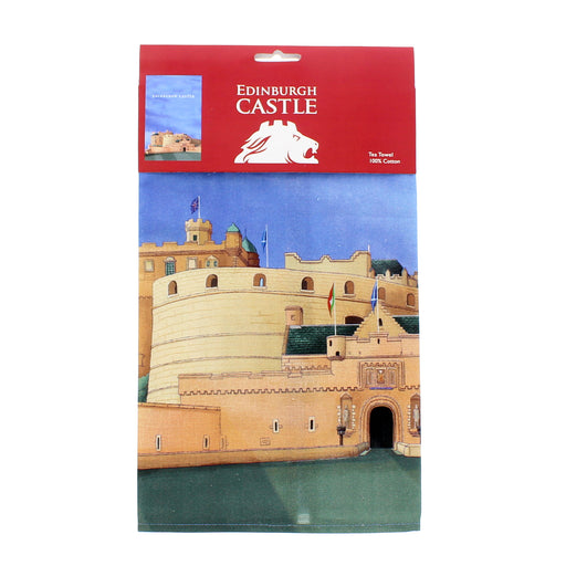 T-Towel of Edinburgh Castle with castle illustration and red labelled packaging - Image