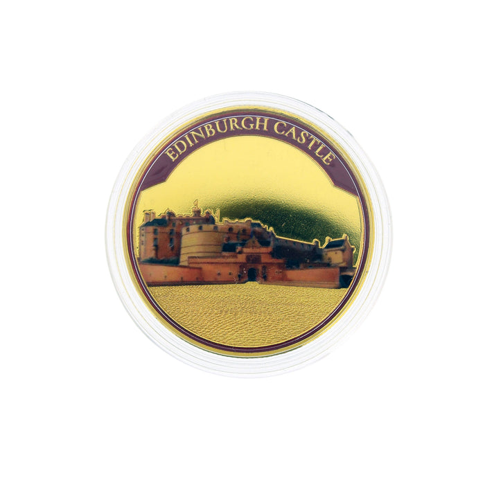 Edinburgh Castle coin with gold color and dark red border on a white background - Image