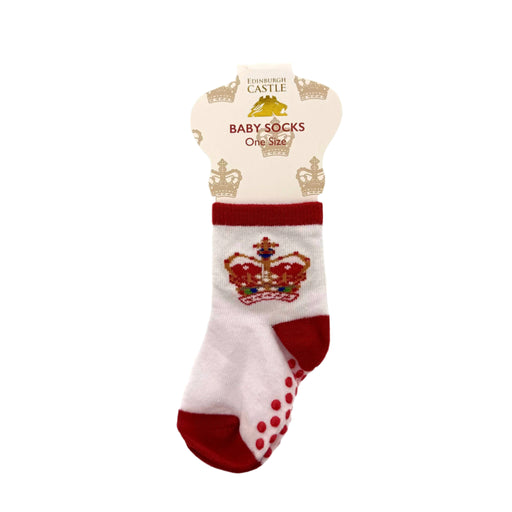 Edinburgh Castle Baby Socks featuring a red crown motif, grip soles and red edging.  - Image