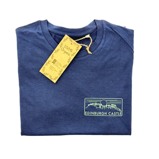 Folded blue t-shirt with 'Edinburgh Castle' design on the chest on a white background.  - Image