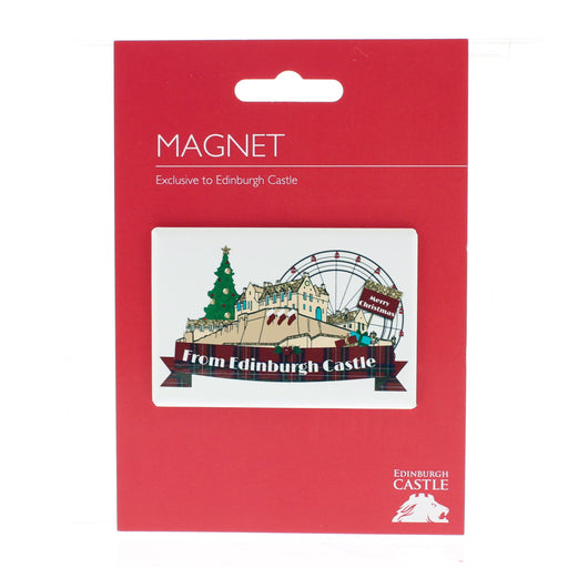 White magnet with Edinburgh Castle with festive decor on a red card.  - Image