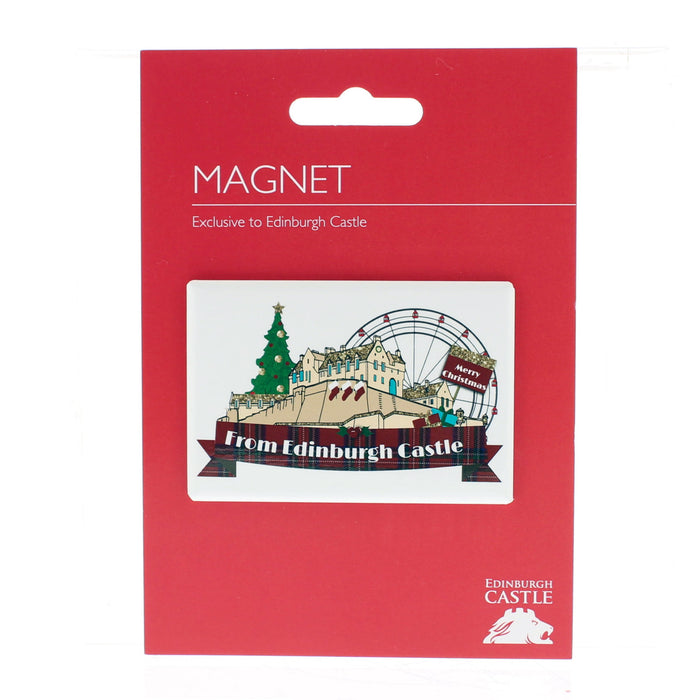 White magnet with Edinburgh Castle with festive decor on a red card.  - Image