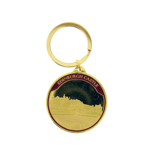 Gold hardware coin keyring with a old embossed design of Edinburgh Castle - Image