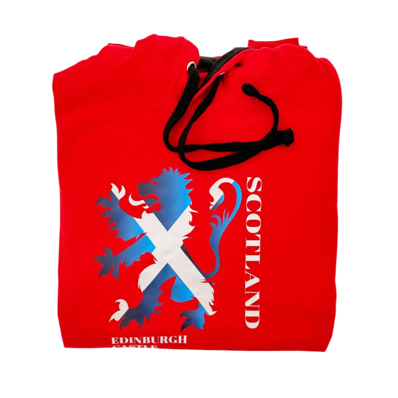 Folded red hoodie with Scotland Lion Rampant design against a white background.  - Image