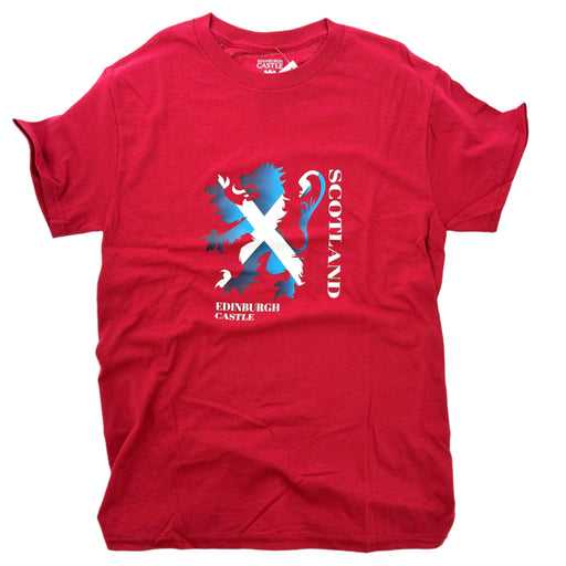 Red t-shirt with Scottish Lion Rampant & Edinburgh Castle design on a white surface - Image