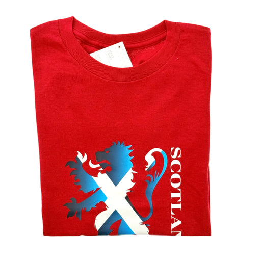 Red t-shirt with Scottish Lion Rampant & Edinburgh Castle design on a white surface - Image