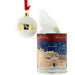 Hanging white ceramic bauble on a red ribbon with a gold motif of Edinburgh Castle and it's circular tube with an artist impression of Edinburgh Castle under a snowy scape. - Image