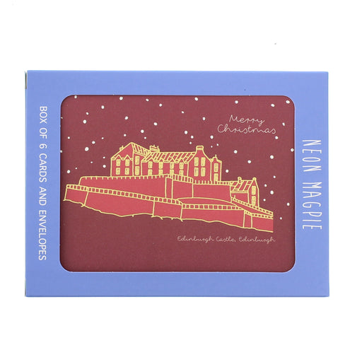 Box of 6 Christmas cards with Edinburgh Castle illustration, featuring Neon Magpie branding. - Image