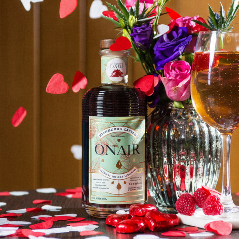 A bottle of Onair is displayed with a glass, fruit and petals on a wooden table. - Image