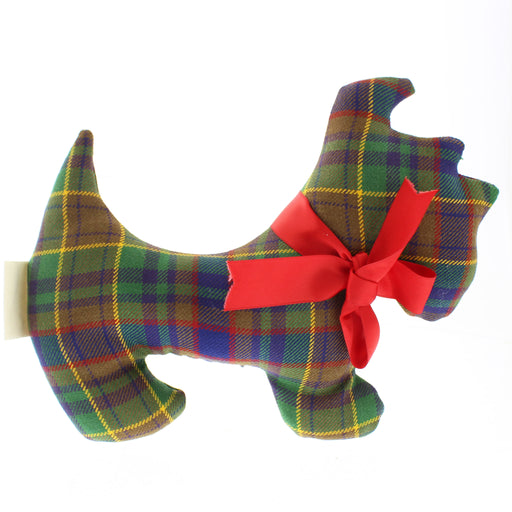 Tartan dog-shaped cushion with a red bow on a white background - Image