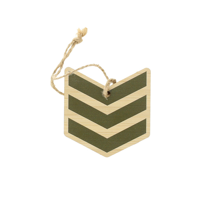 A chevron-shaped wooden hanging decoration with alternating olive green and natural beige stripes, featuring a natural jute hanging string. - Image