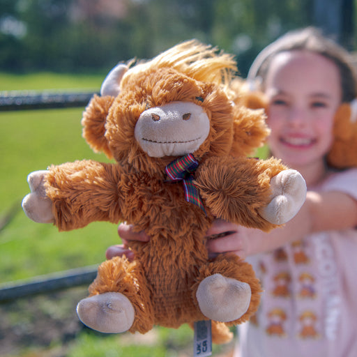 Child holding a Highland Cow with a blurred outdoor background - Image