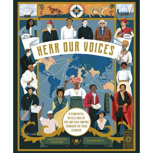Book cover of 'Hear Our Voices' with illustrated people and world map - Image