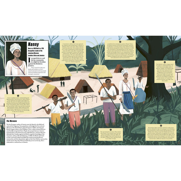 Illustration of a historical scene with people in a village setting, featuring text panels. - Image