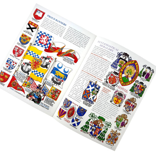 pages from inside Heraldry Scotland featuring heraldic shields and text.  - Image
