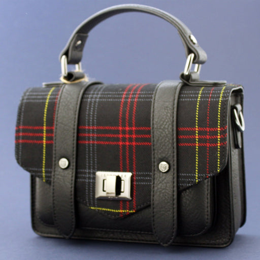 A black Edinburgh Castle Castle Tartan flap satchel style bag against a white background. - Image