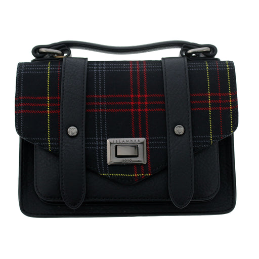 A black Edinburgh Castle Tartan flap satchel style bag against a white background. - Image