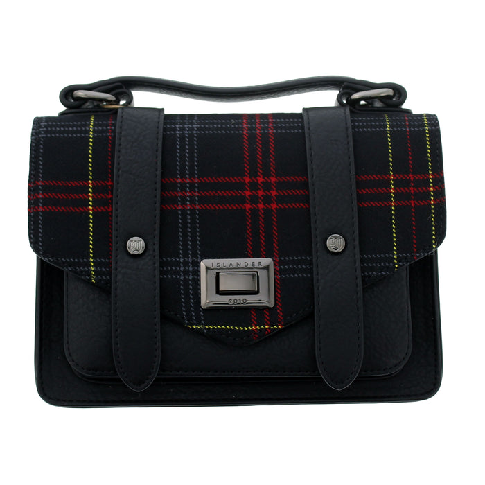 A black Edinburgh Castle Tartan flap satchel style bag against a white background. - Image