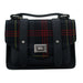 A black Edinburgh Castle Tartan flap satchel style bag against a white background. - Image