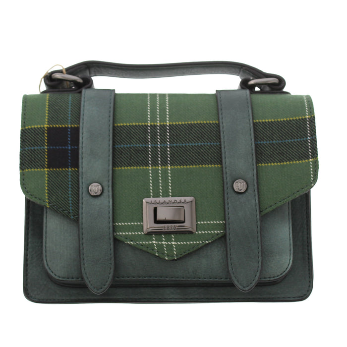 A green Stirling Castle Tartan flap satchel style bag against a white background. - Image