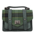 A green Stirling Castle Tartan flap satchel style bag against a white background. - Image