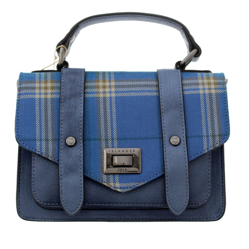 A blue Urquhart Castle Tartan flap satchel style bag against a white background. - Image