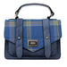 A blue Urquhart Castle Tartan flap satchel style bag against a white background. - Image