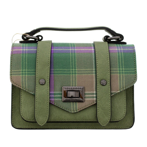 A green Bracken Tartan flap satchel style bag against a white background. - Image