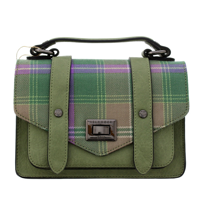 A green Bracken Tartan flap satchel style bag against a white background. - Image