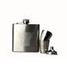 Stainless steel set including 2 small cups, funnel and a hip flask with an engraving of a Highland Cow - Image