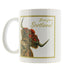 A white ceramic mug featuring a printed graphic of a Highland cow in a red tartan kilt with the text 'Love from Scotland' in gold script, set against a plain white background. - Image