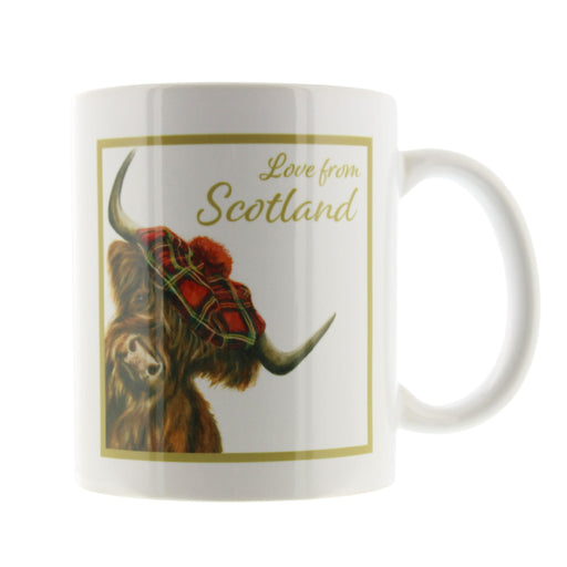A white ceramic mug featuring a printed graphic of a Highland cow wearing a red tartan bonnet, with the text 'Love from Scotland' in gold script inside a gold border. - Image