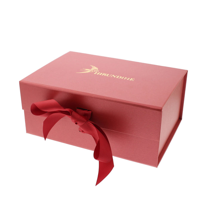 Red gift box with a red ribbon and 'Hirundine' branding on a white background - Image
