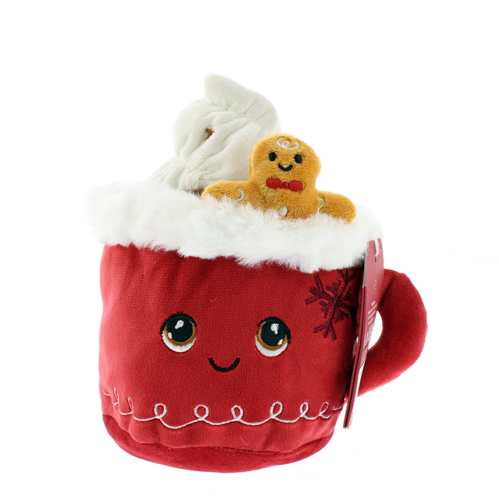 Red mug plush toy with a smiling face, white fur, and a gingerbread man on a white background - Image
