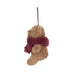 A plush teddy bear decoration in tan with a burgundy faux-fur scarf and a dark hanging loop, shown against a plain white background. - Image