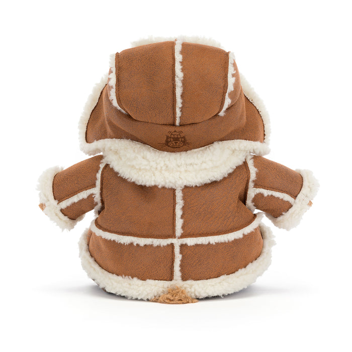 Teddy Bear wearing a brown sheepskin-style hooded jacket shown from the back, featuring cream-colored shearling lining and trim, photographed on a clean white background. - Image