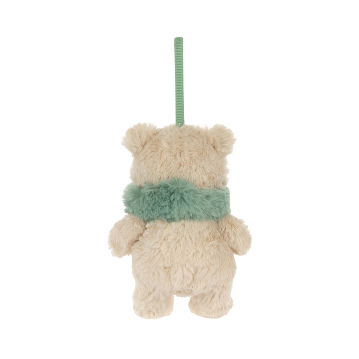 A small plush teddy bear hanging decoration shown from the back, with cream-colored fur, a mint green fuzzy scarf, and a mint green hanging loop, isolated on a white background. - Image