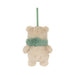 A small plush teddy bear hanging decoration shown from the back, with cream-colored fur, a mint green fuzzy scarf, and a mint green hanging loop, isolated on a white background. - Image
