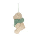 A small plush teddy bear hanging decoration in cream with a fuzzy mint green scarf, suspended by a thin green string against a plain white background. - Image