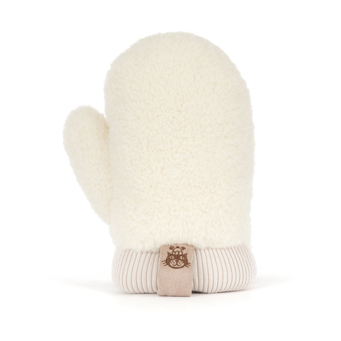 Plush soft toy in the shape of a cream-colored fleece mitten with a ribbed knit cuff and a small brown brand tag, shown against a plain white background. - Image