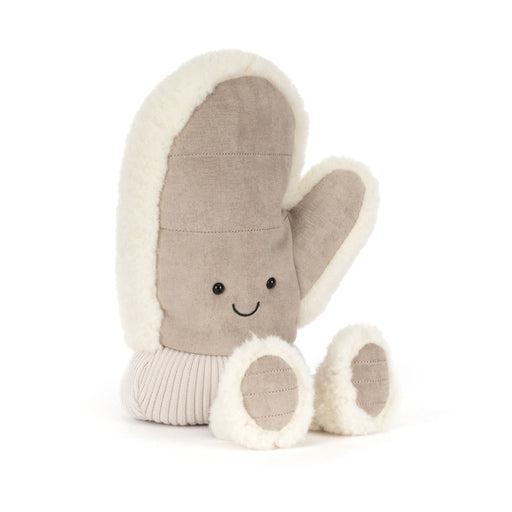 Plush soft toy in the shape of a winter mitten with smiley face, cuffed edge and fluffy feet.  - Image