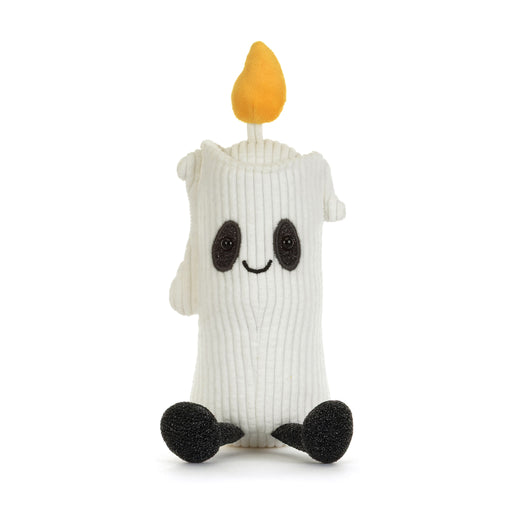A white ribbed knit plush candle toy with a yellow flame on top, black embroidered eyes and mouth, and black feet, photographed on a clean white background. - Image