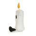 A white ribbed plush candle toy with a yellow flame on top, a small black embroidered eye, and a black textured foot, photographed on a clean white background. - Image