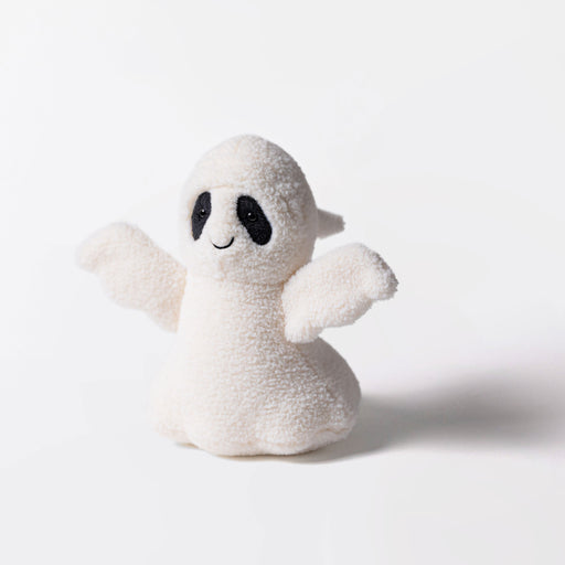 A small plush ghost toy with black  eyes and a simple stitched smile, standing on a clean white background. - Image
