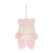 A small plush teddy bear decoration in soft pink fur with a fluffy cream scarf and a hanging loop at the top, shown on a plain white background. - Image